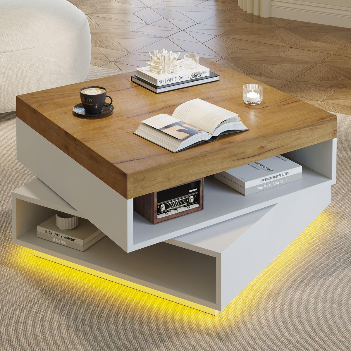 COUCHTISCH weiß & eiche-optik 360° drehbar mit led-beleuchtung - Weiß, Holzwerkstoff (65/65/40cm) - Urban Meuble