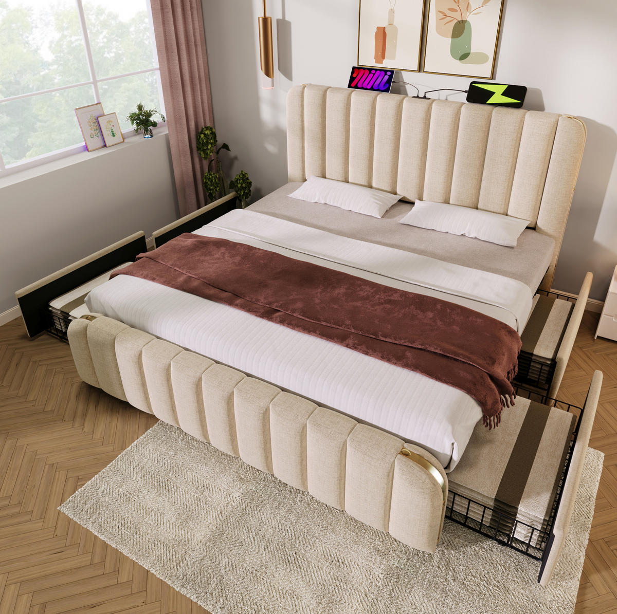 POLSTERBETT 180/200 cm Beige aus Leinen mit 4 Schubladen - Beige, Textil (180/200cm) - OKMYHOME