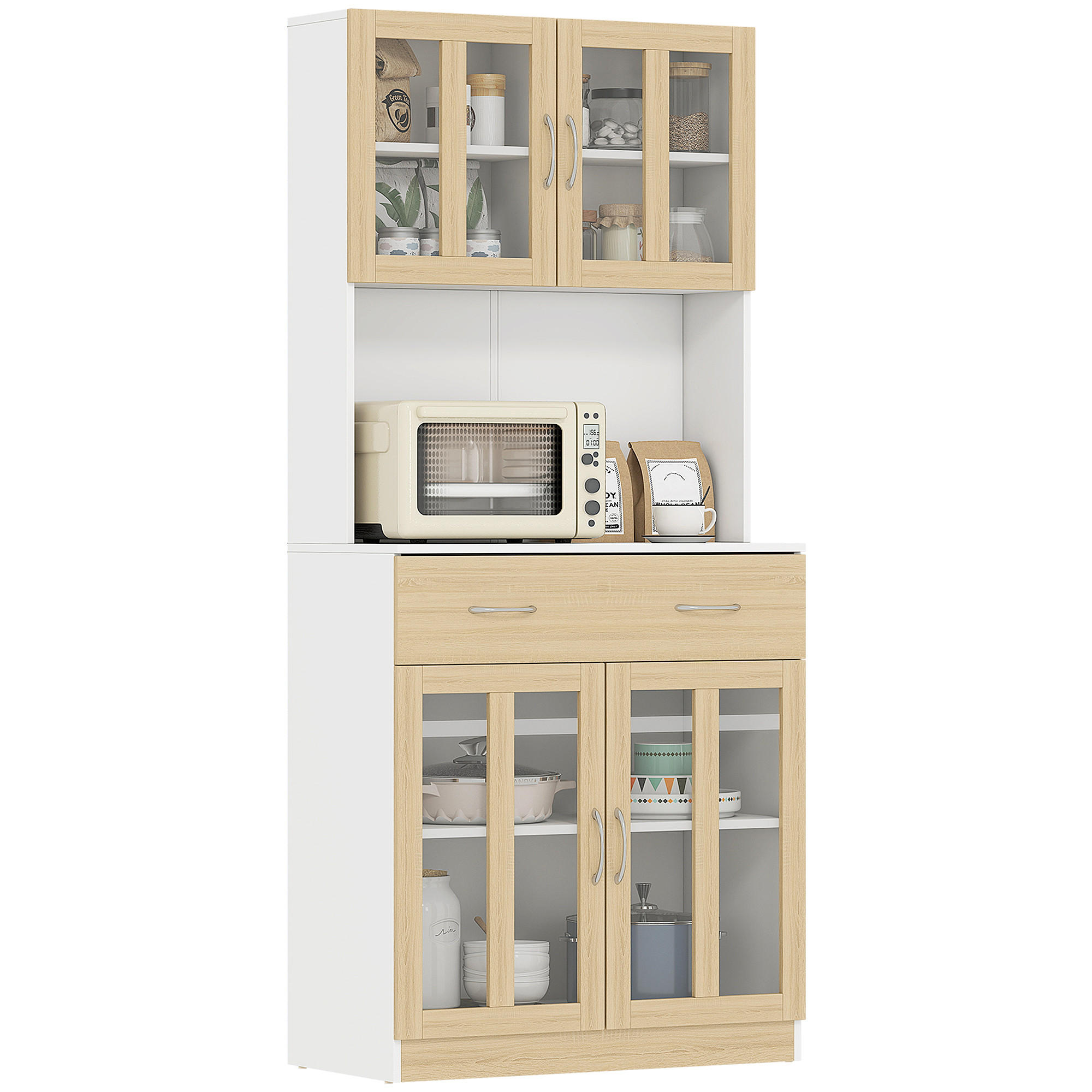 BUFFET DE-11004 4 Glastüren Weiß/Eiche hell - Weiß, Holzwerkstoff (40/180/80cm) - ComfortXL