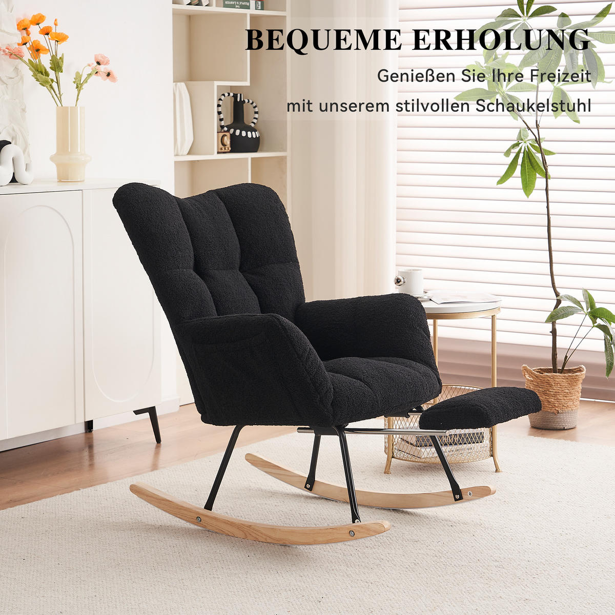 SCHAUKELSTUHL Teddy-Stoff mit klappbarer Fußablage 80/98/98.5 cm Schwarz - Schwarz, Textil (98/98.5/80cm) - Redom