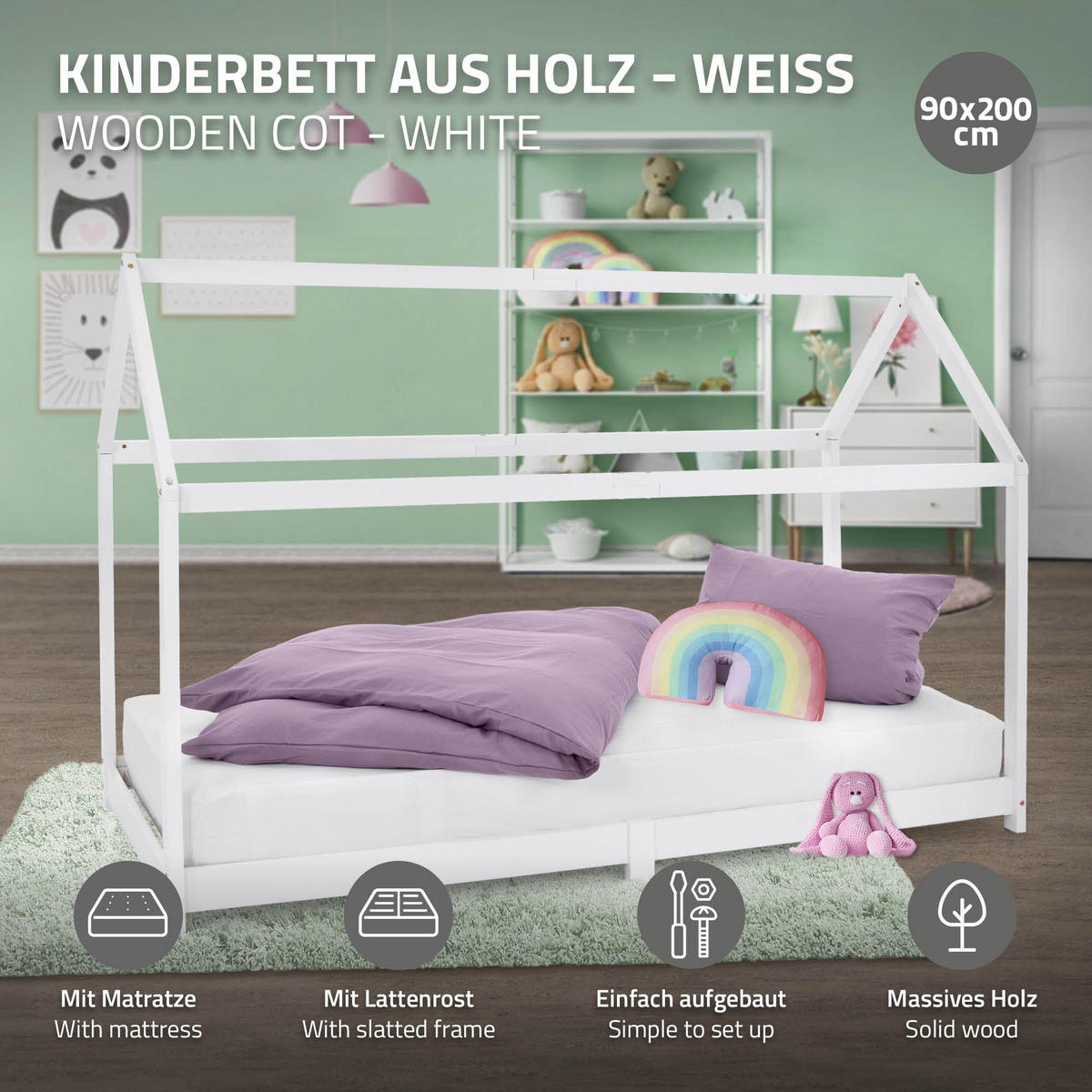 KINDERBETT mit Dach und Matratze 90x200 cm Weiß - Weiß, Holz (90/200cm) - ML-DESIGN