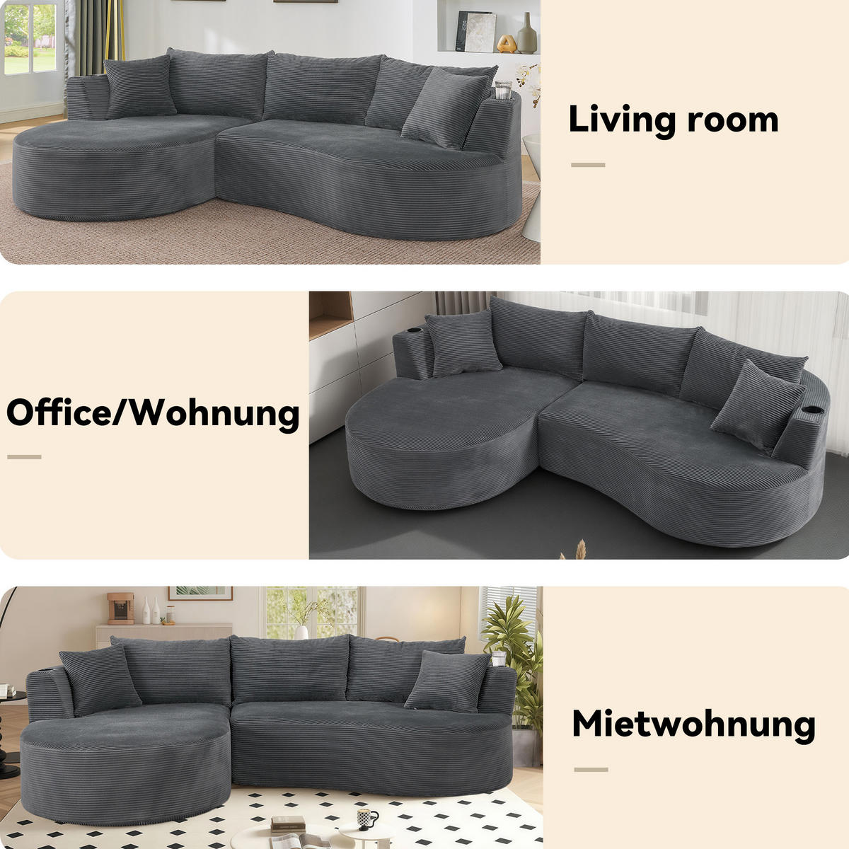 3-SITZER-SOFA mit Getränkehaltern, Kissen und bogenförmigem Design aus weichem Kordstoff, Grau - Grau, Kunststoff (264/76/168cm) - Redom