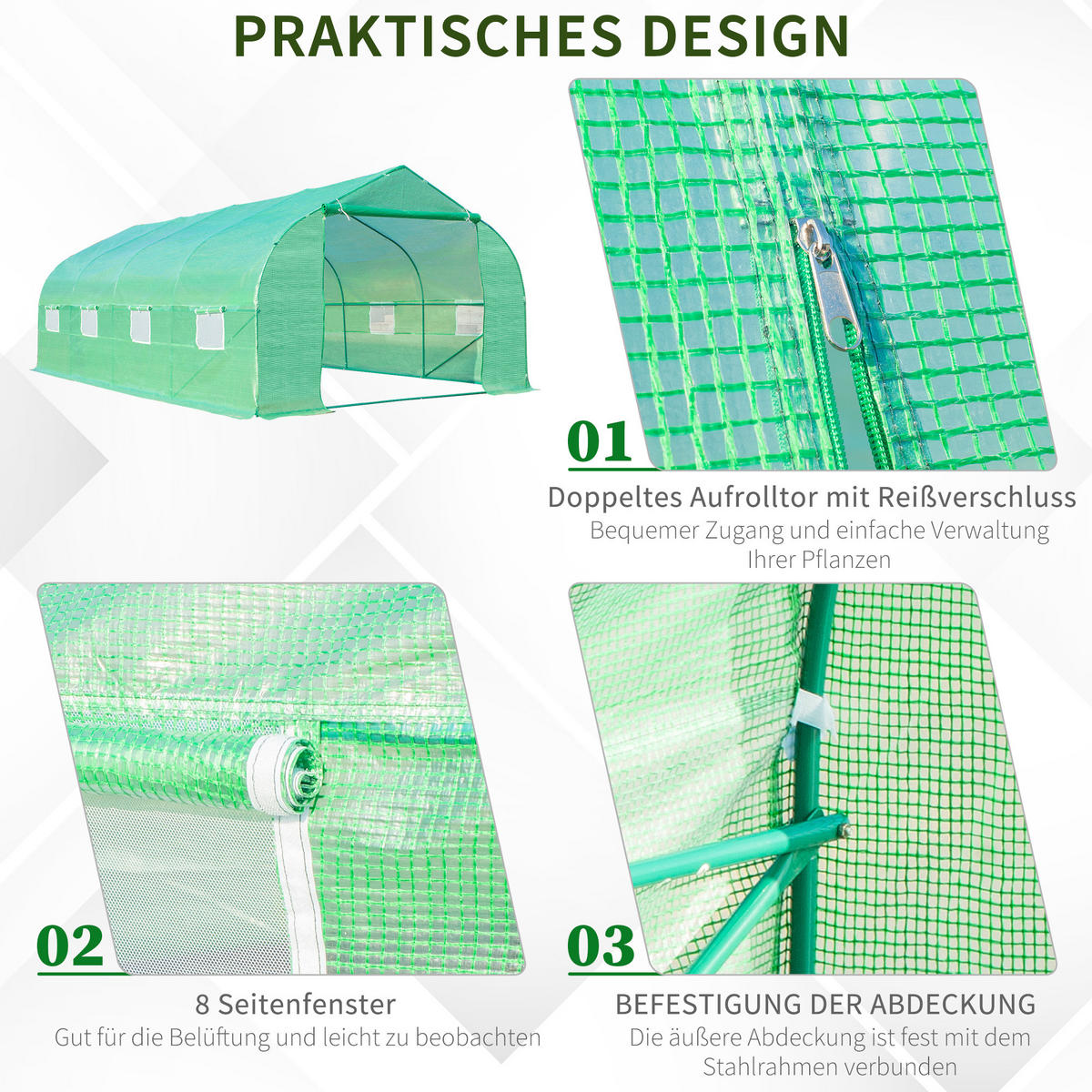 FOLIENGEWÄCHSHAUS, Grün, Eisenrohr, PE - Grün, Kunststoff (300/200/595cm) - Outsunny