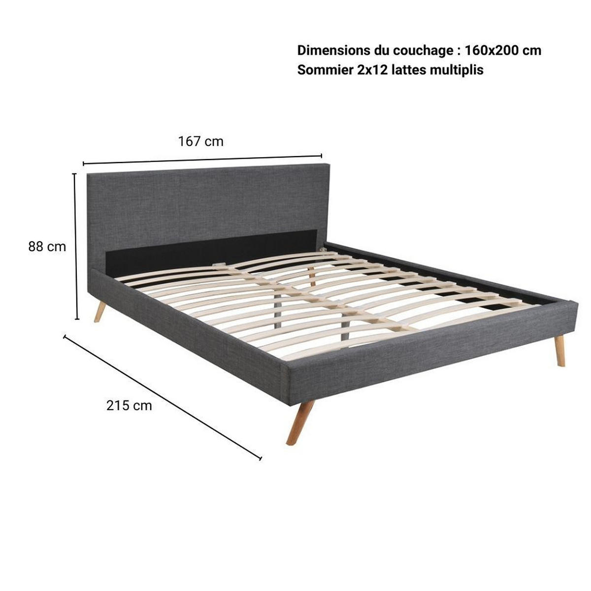 BETT FJORD/ BETT 160X200 MIT LATTENROST - DUNKELGRAU STOFF - Dunkelgrau, Holzwerkstoff (160/200cm) - Weber Industries