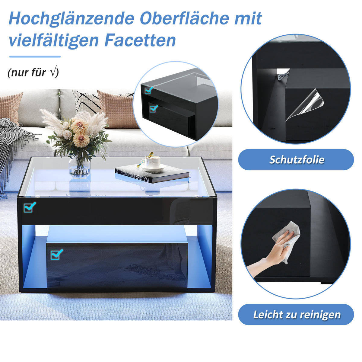 COUCHTISCH 70/70/35 cm schwarz aus MDF und Glas mit LED - Schwarz, Holzwerkstoff (70/70/35cm) - OKMYHOME