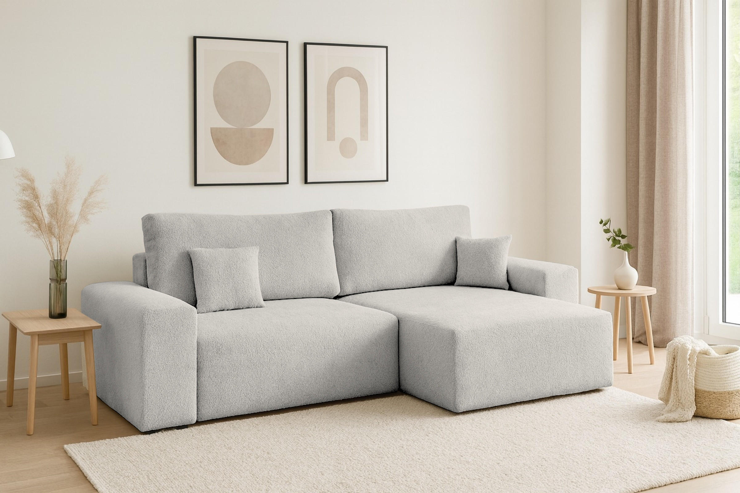 ECKSOFA MILKY 255/148 in Bouclé Hellgrau rechts - Hellgrau, Holz/Holzwerkstoff (255/148cm) - Deine Möbel 24