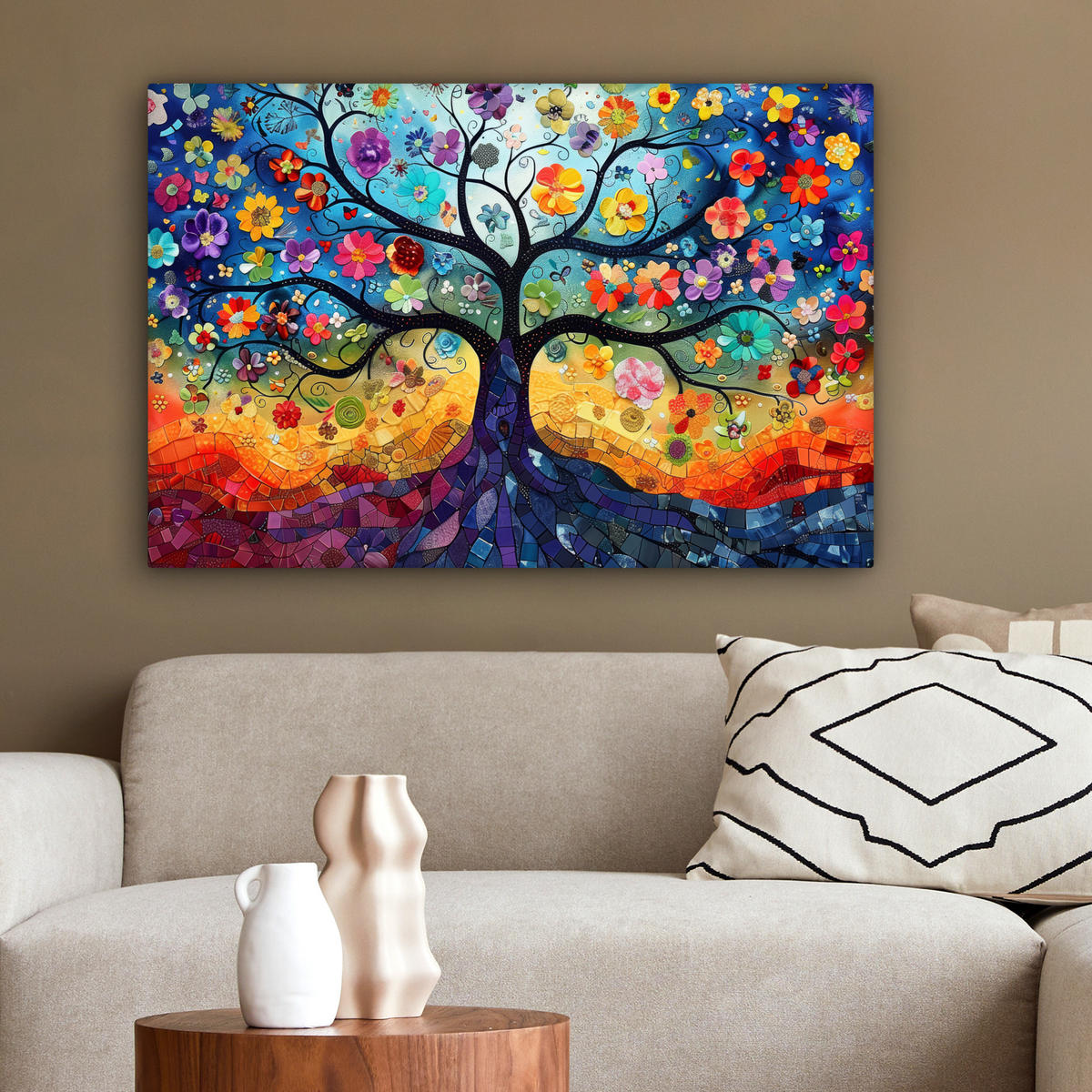 LEINWANDBILD Kunst - Baum des Lebens - Blumen - Hippie Gemälde 60x40 cm - Dunkelblau, Textil (60/40cm) - MuchoWow