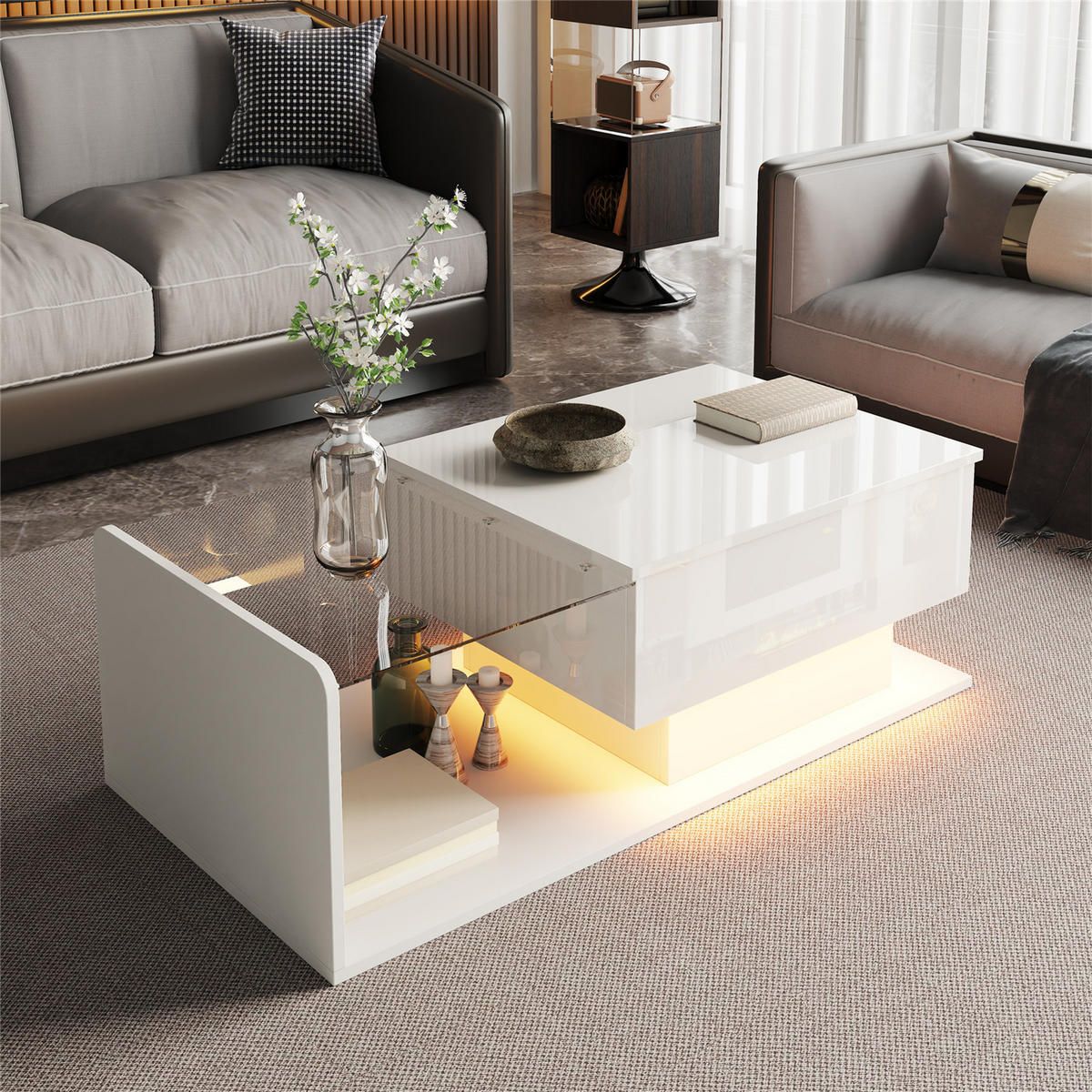 COUCHTISCH Hochglanz Glas LED Weiß - Weiß, Holz (100/50/47.5cm) - Kaket