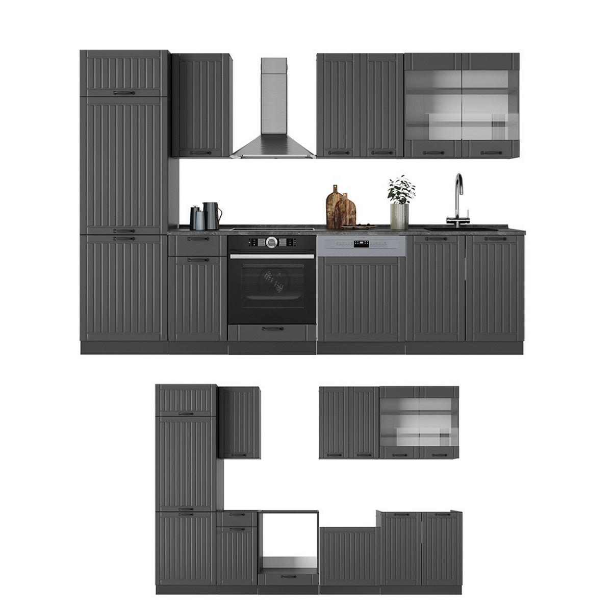 KUCHYNKA Fame-Line Tmavo-sivá 300 cm , AP Oak - antracitová/tmavosivá, kompozitné drevo (300/206.8/60cm) - Vicco