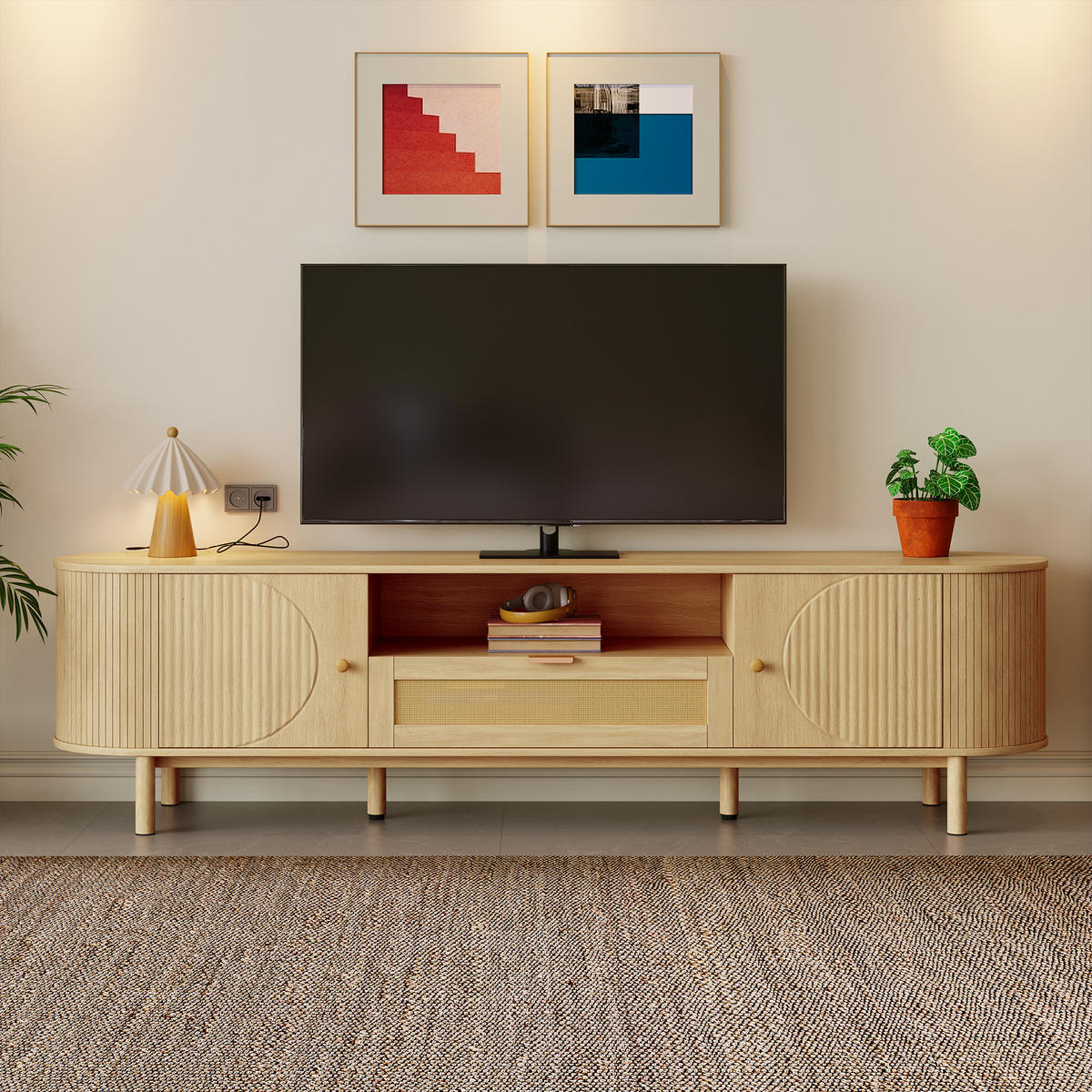 TV-SCHRANK Lowboard Rattan Schubladen offen - Naturfarben, Holz (175/51/36cm) - Fortuna Lai