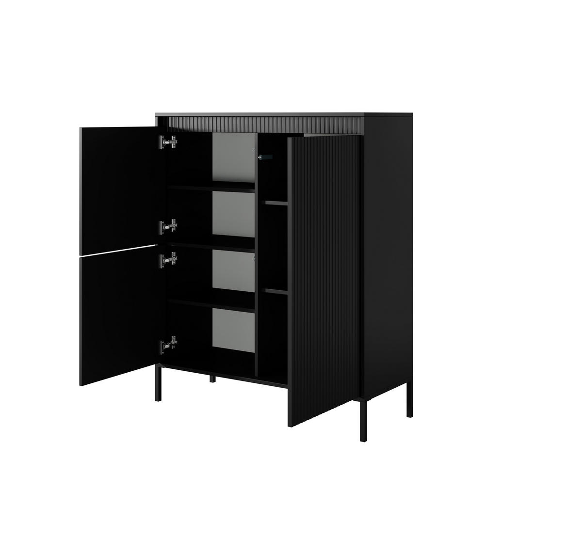 KOMMODE SENSO 3D Hoch, Geriffelte MDF-Fronten, Push-to-Open, Metallfüße, 103,5x123,4x39,5 cm - Schwarz - Schwarz, Holz/Holzwerkstoff (104/124/40cm) - DomoHome