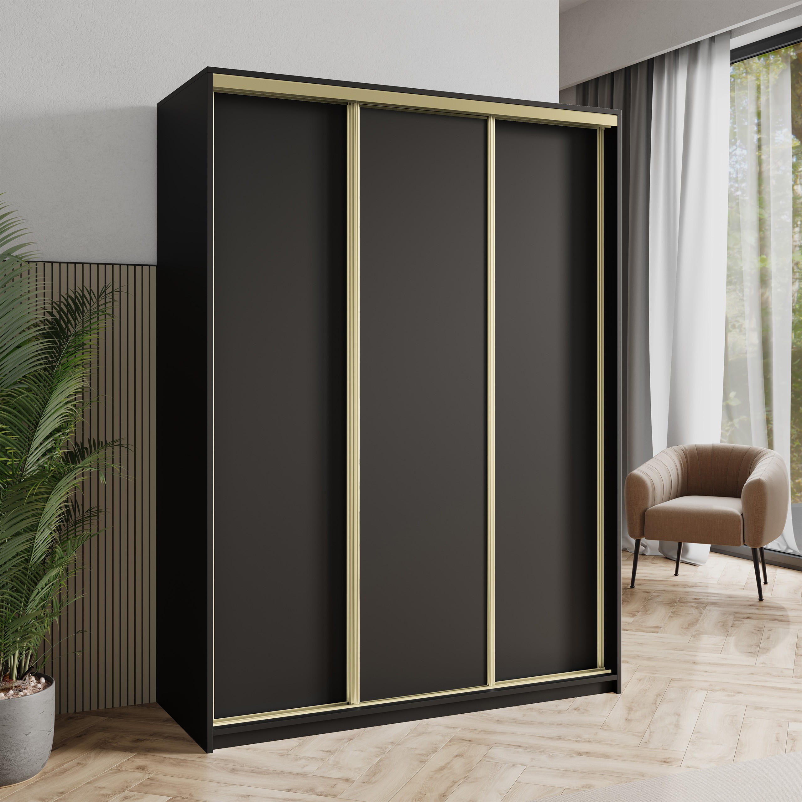 SCHWEBETÜRENSCHRANK NISSE 150/205/60 cm 3-türig Schwarz - Schwarz, Holzwerkstoff (150/205/60cm) - MASSENO