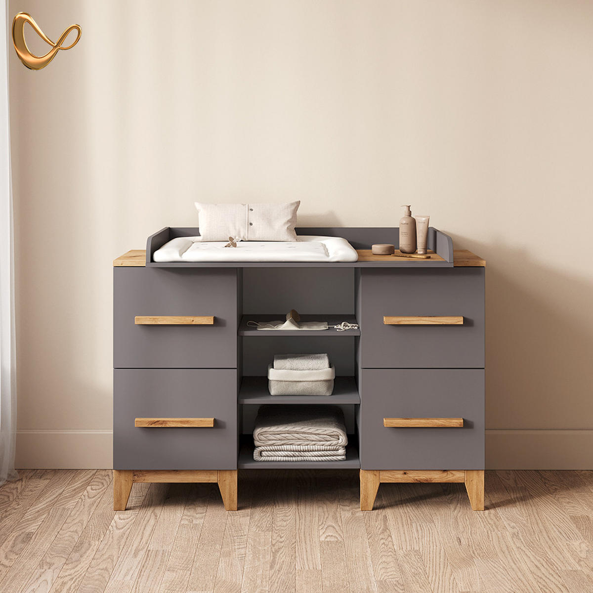 WICKELKOMMODE Mailo Grau/Artisan XL mit 4 Schubladen - Eiche Artisan/Grau, Holzwerkstoff (133/108/70cm) - Livinity®