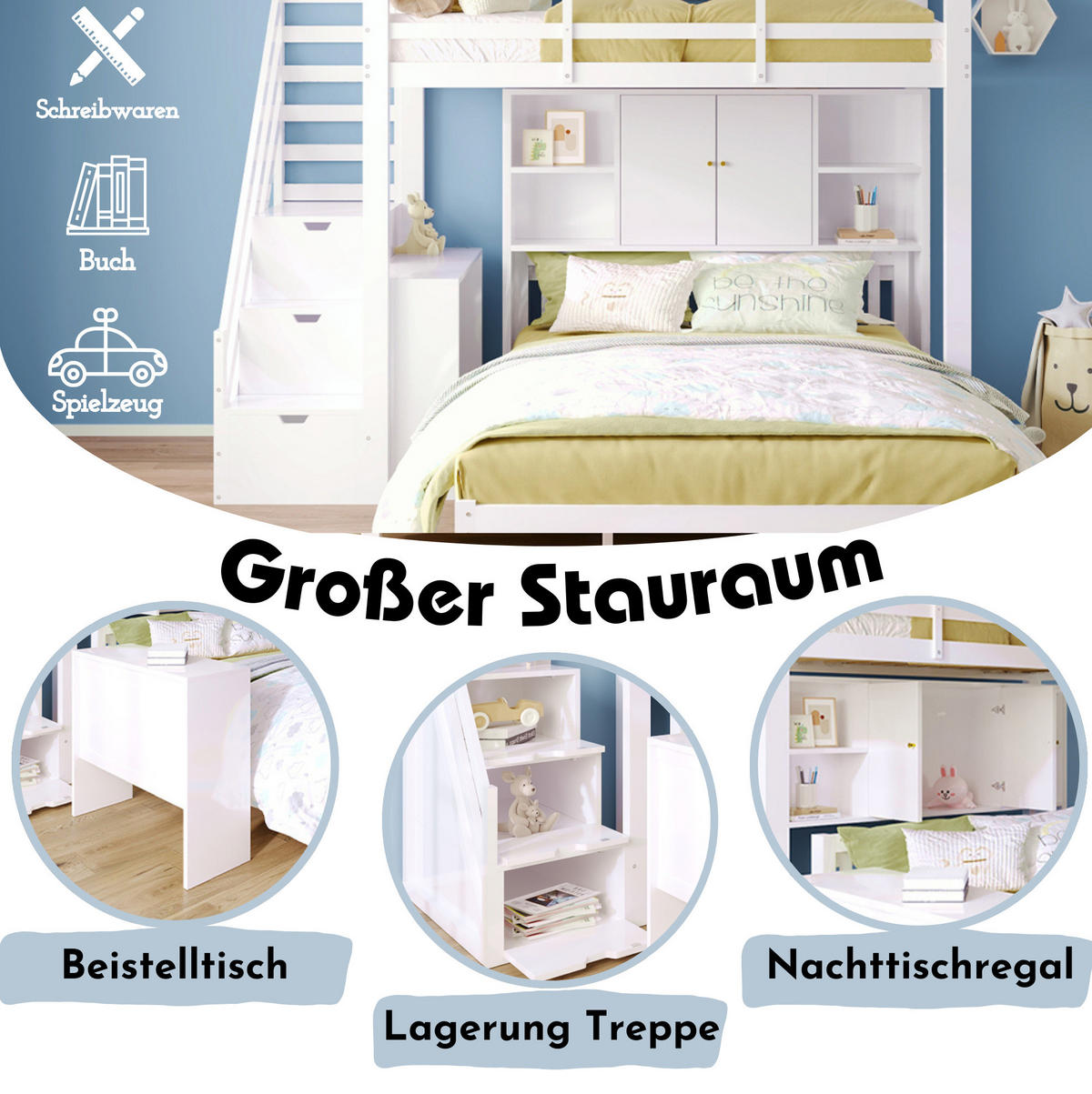 KINDERBETT aus Massivholz & MDF 90x200/140x200 cm in Weiß mit Stauraumtreppe - Weiß, Holzwerkstoff (90/200cm) - Modfu