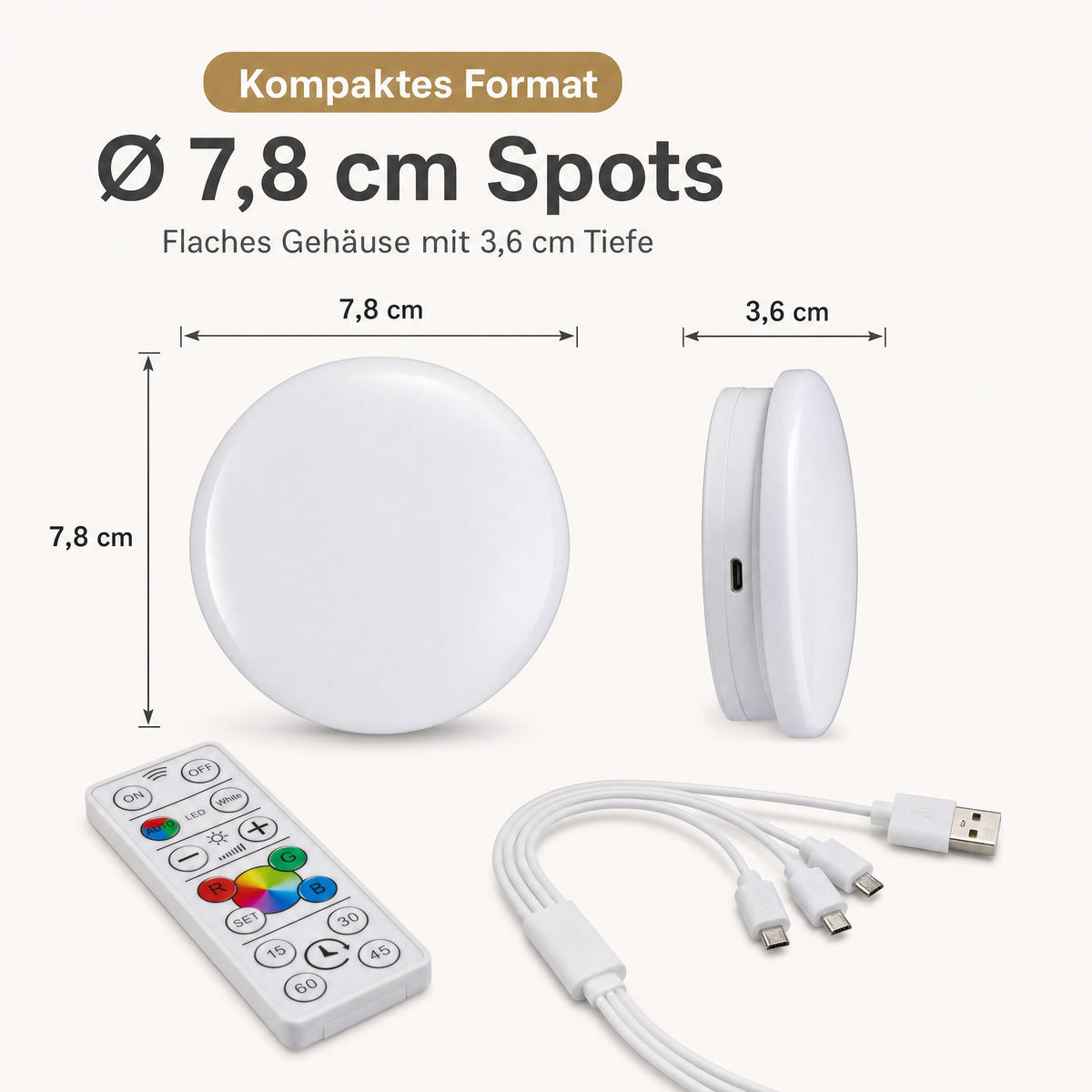 LED-SPOT-SET Northpoint 3er RGB & Warmweiß wiederaufladbar dimmbar mit Fernbedienung & Timer - Weiß, Kunststoff (3.6/7.8/7.8cm) - Northpoint