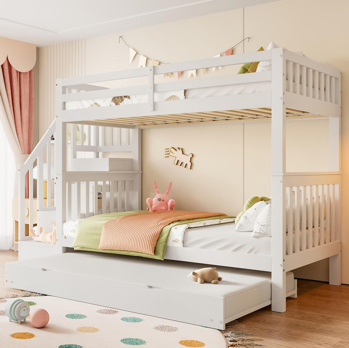 ETAGENBETT 90/200 cm mit ausziehbarem Rollbett, Treppenregal und hohen Sicherheitsgittern, Weiß - Weiß, Holzwerkstoff (90/200cm) - Redom
