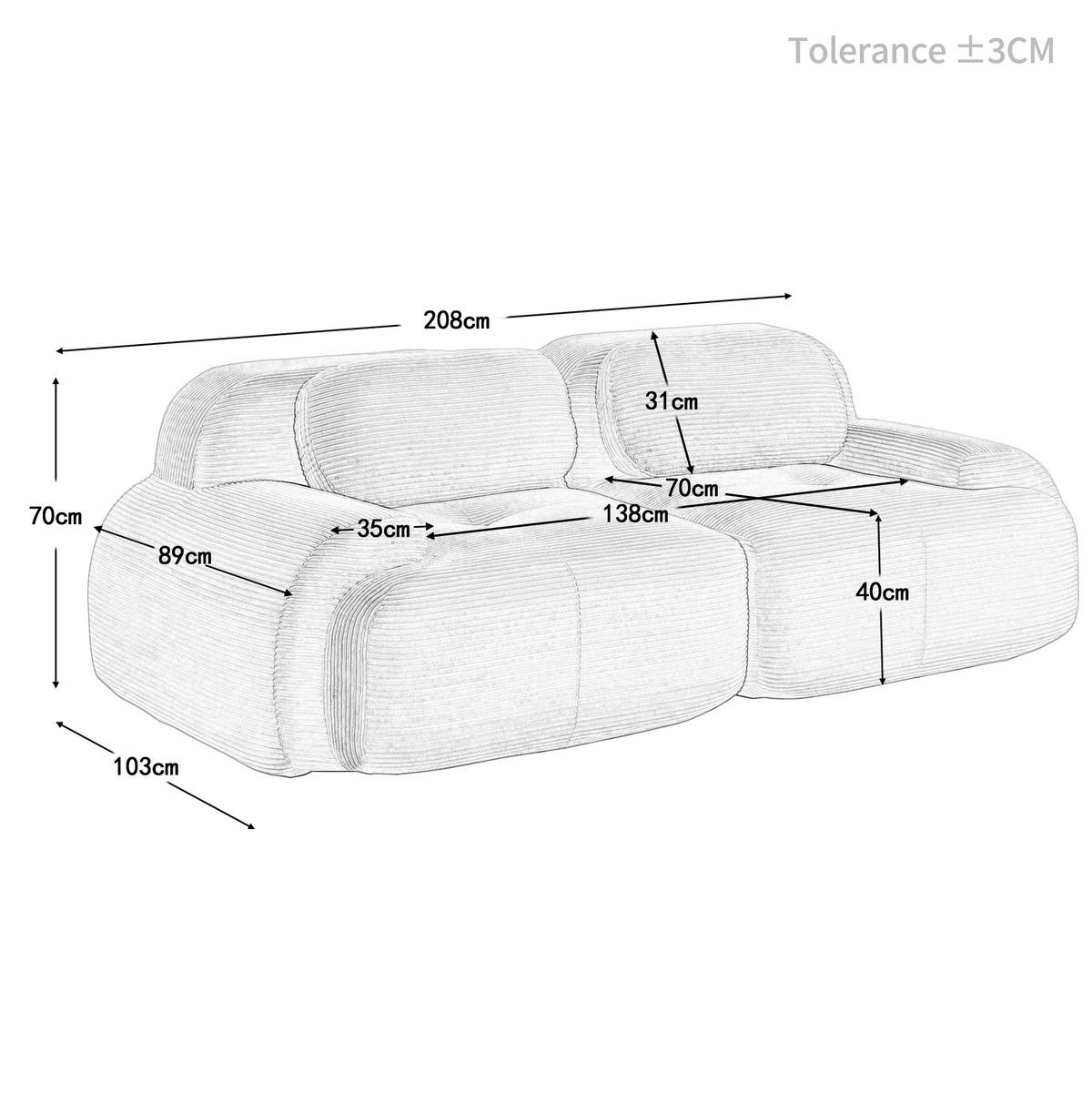 ECKSOFA modular rahmenlos mit geschwungenen Armlehnen und rutschfester Unterseite, Grau - Grau, Textil (208/103cm) - Redom
