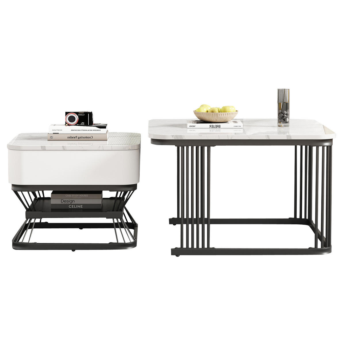 SADA konferenčních stolků 70/70/45 cm bílá/černá z MDF a kovu se zásuvkou - bílá, sklo (70/70/45cm) - OKWISH