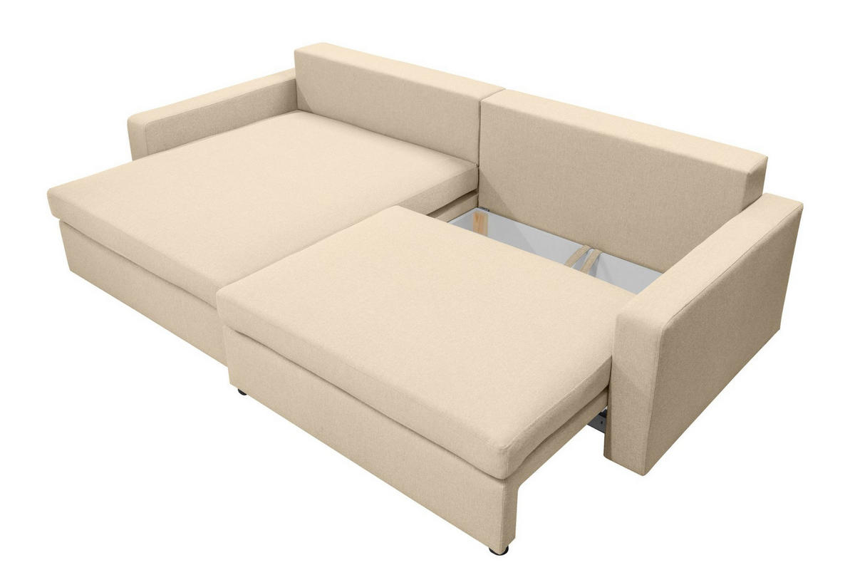 ECKSOFA Mit Schlaffunktion Und Bettzeugablage LUBEKA Stoff Faro Ecru Links - Ecru, Holz (140/147cm) - Kaiser Möbel