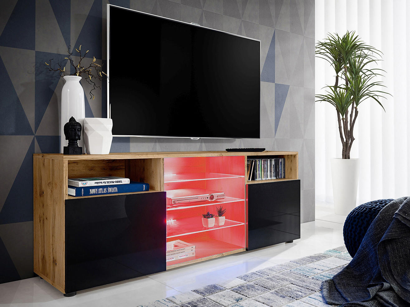 SIDEBOARD TV URBINO Eiche Wotan, LED Beleuchtung Mehrfarbige - Eiche Wotan/Schwarz, Glas/Holzwerkstoff (140/53/35cm) - Komodee