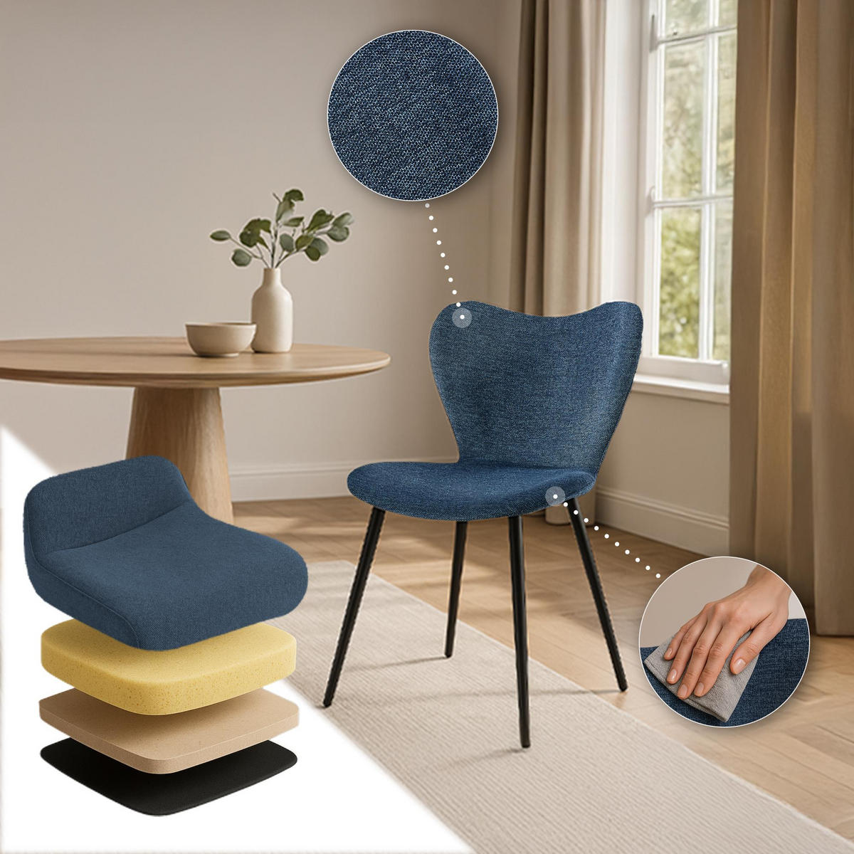 ESSZIMMERSTUHL Stoff Blau - Blau/Schwarz, Textil/Metall (50/80/58cm) - CLP