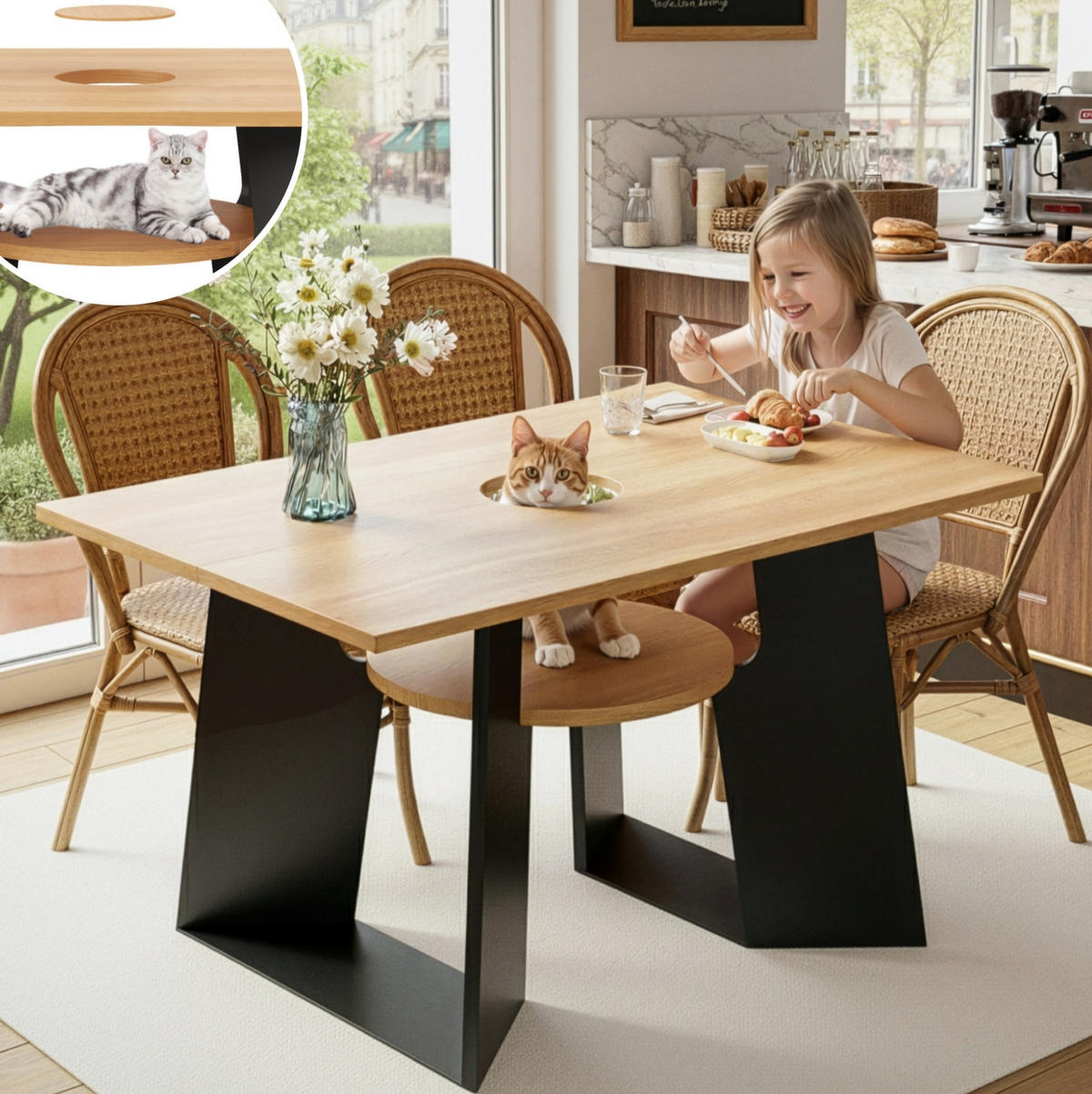 ESSTISCH 130/85/75 cm mit Haustierbereich, Abdeckplatte und Ablage, MDF, Schwarz/Natur - Schwarz, Holzwerkstoff (130/85/75cm) - Redom