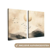 LEINWANDBILD 2er Set Landschaft - Japandi - Beige - Vögel 180x120 cm - Beige, Textil (180/120cm) - MuchoWow