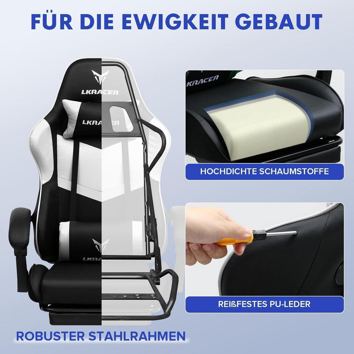 GAMING Stuhl mit Fußstütze weiß, Ergonomisch mit Lendenkissen und Kopfkissen, 150 kg Belastbarkeit - Multicolor, Kunststoff (47/132/47cm)