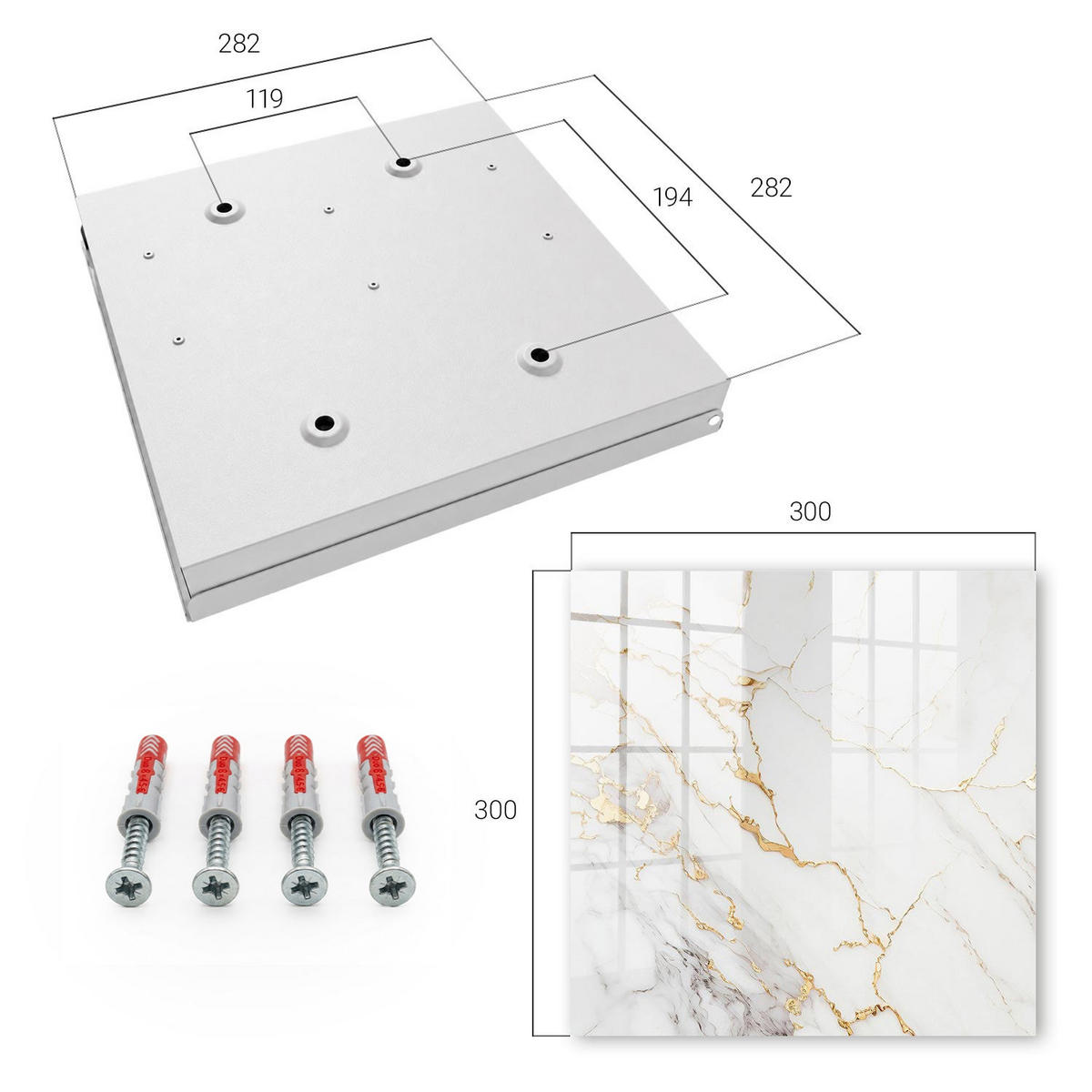 SCHLÜSSELBOX Weiß 30x30 cm – Türöffnung nach rechts - Schönes Marmormuster - Weiß, Metall (30/30/5cm) - TULUP