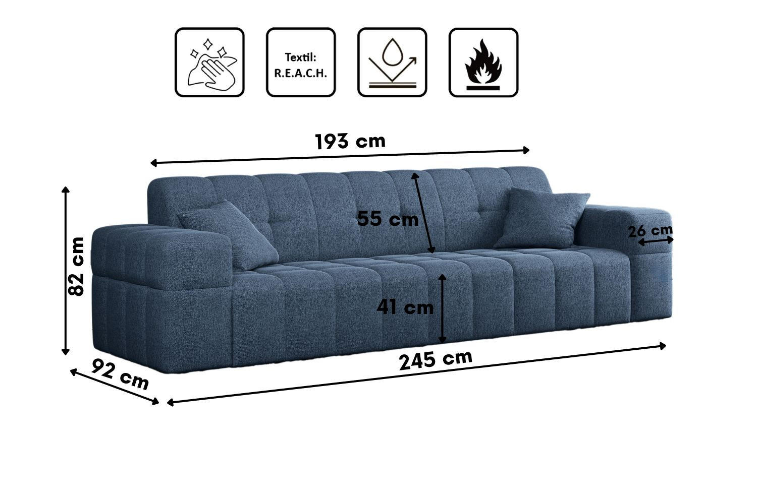 SOFA 3-Sitzer NIMES Stoff Verita Blau - Blau, Holz (245/82/92cm) - Kaiser Möbel