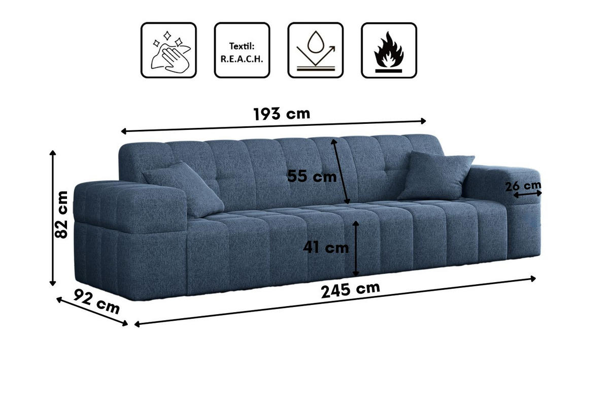 SOFA 3-Sitzer NIMES Stoff Verita Blau - Blau, Holz (245/82/92cm) - Kaiser Möbel