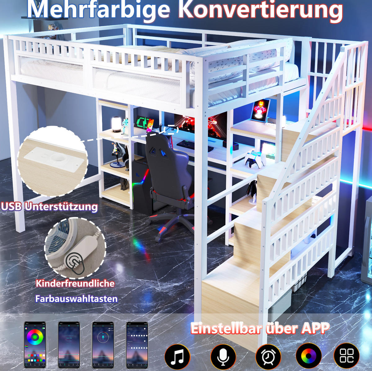 HOCHBETT aus Metall und MDF 140x200 cm Weiß mit Schreibtisch, LED-Lichtleiste, USB-Anschluss und Stauraumleiter - Weiß, Metall (140/200cm) - Modfu