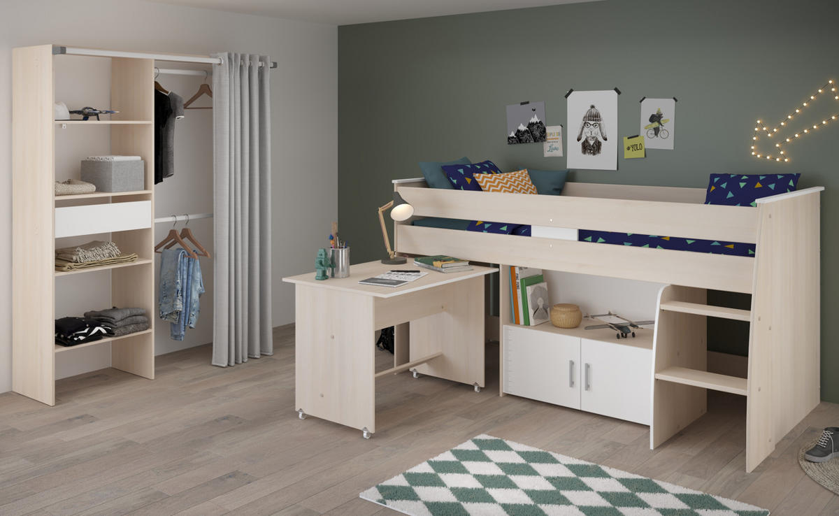 KINDERZIMMER-SET 2-teilig Akazie, weiß, Jugendzimmer mit Hochbett - Eichefarben/Silberfarben, Holzwerkstoff/Kunststoff (206/182/114cm) - Parisot Meuble