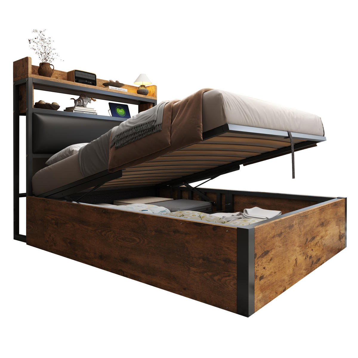 BETT 90/200 cm in Schwarz mit Stauraum, USB und Kopfteil in Holz- und Metalloptik - Schwarz, Holzwerkstoff/Textil (90/200cm) - CHICFURN