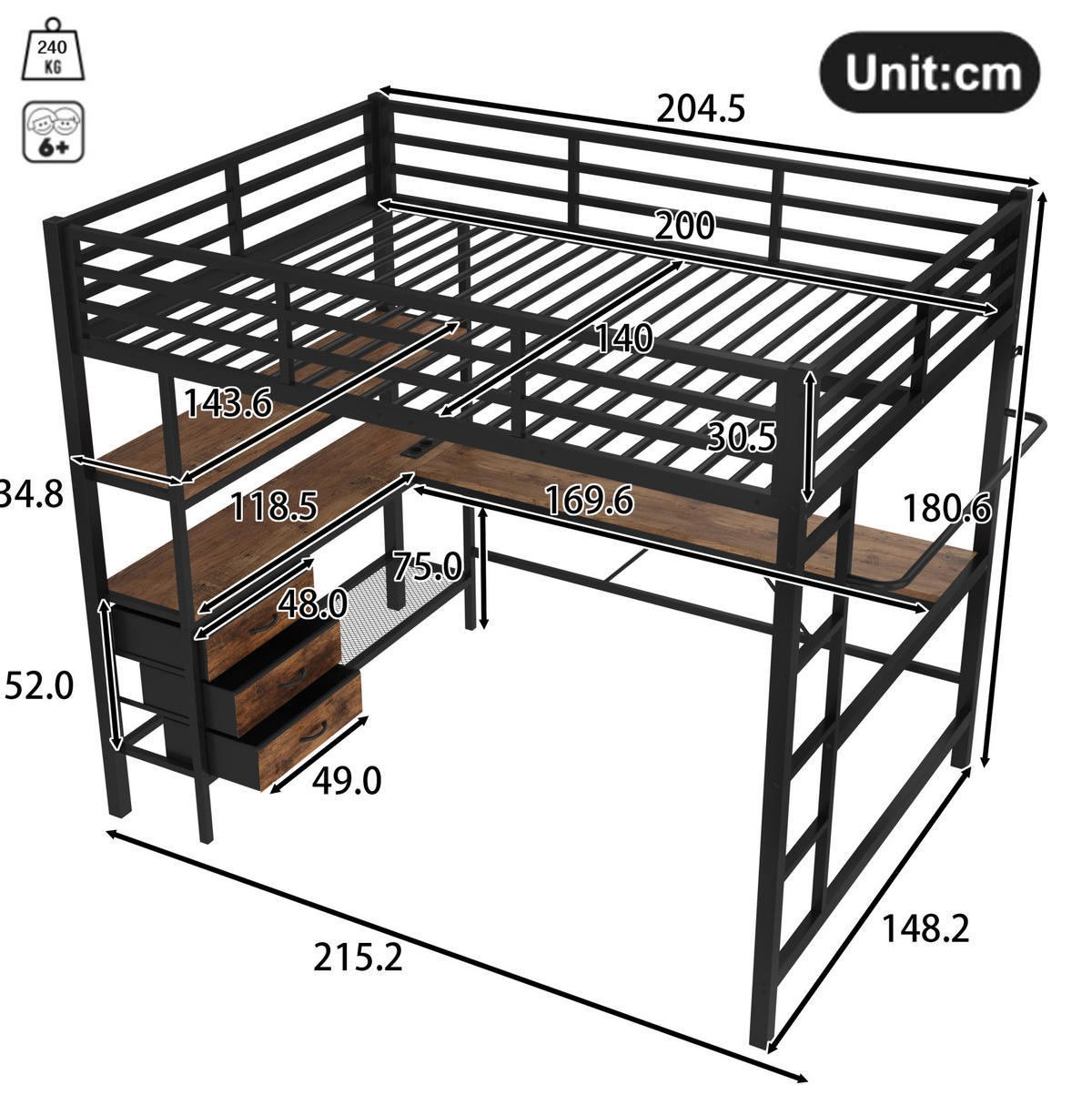 HOCHBETT 140/200 cm aus Metall/MDF mit Schreibtisch, LED-Beleuchtung und 3 Schubladen Schwarz - Schwarz, Metall (140/200cm) - Modenvie