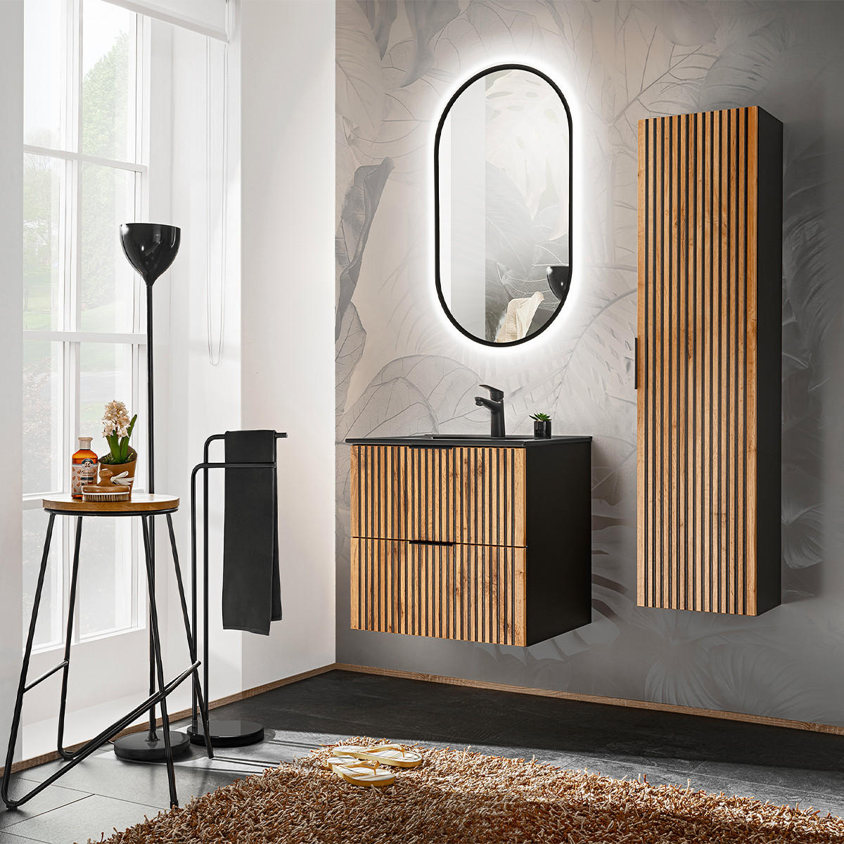 WASCHTISCHUNTERSCHRANK 60.2cm Gaia Holz in Eichenoptik und Schwarz - Schwarz, Holzwerkstoff (60.2/57/46cm) - Petits-meubles