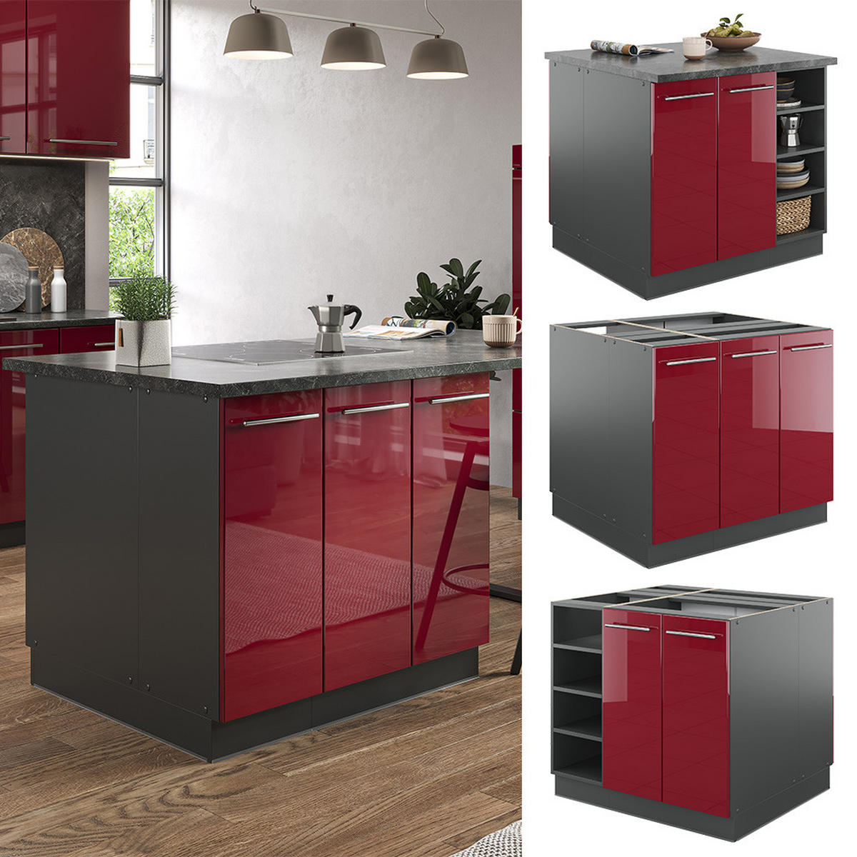 KÜCHENINSEL Fame-Line Bordeaux Hochglanz/Anthrazit 90 cm ohne AP - Bordeaux/Anthrazit, Holzwerkstoff (90/82/82cm) - Vicco