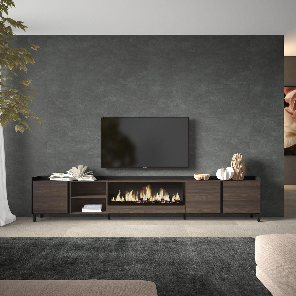 LOWBOARD, Eiche und Schwarz, 315/35/61cm, Kamin mit Feuereffekt XXL - Dunkelbraun, Holzwerkstoff (315/61/35cm) - Skraut Home