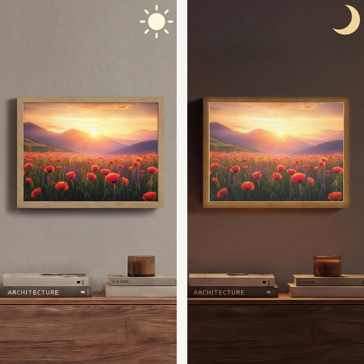 WANDLEUCHTE MIT AKKU Landschaft - Sonnenuntergang - Blumenfeld 40x30 cm - Rot, Holzwerkstoff (40/30/8cm) - OnlyWow