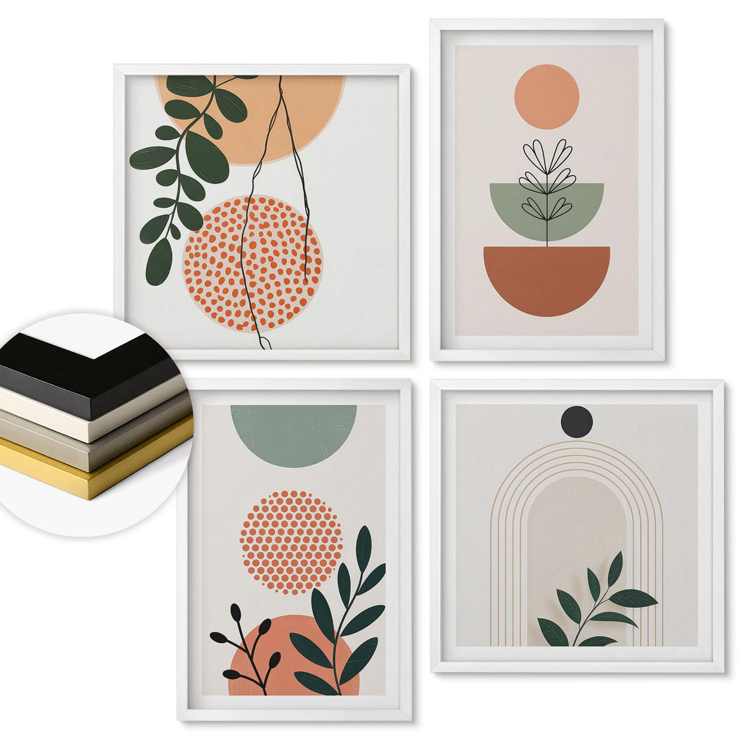 WANDBILDER 4er-Set - 50x50 cm & 40x60 cm Weißer Rahmen - Moderne Pflanzenmotive - Weiß, Kunststoff (50/50cm) - ArtPrintCave