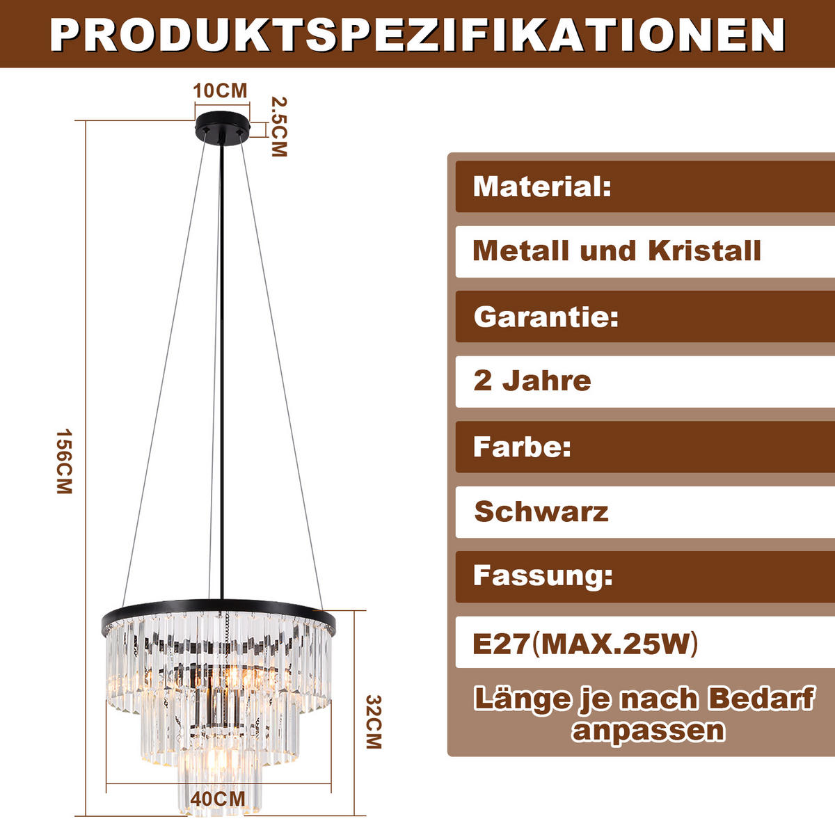 HÄNGELEUCHTE Brynq 40/156/40 cm - Schwarz, Metall (40/40/156cm) - ZMH