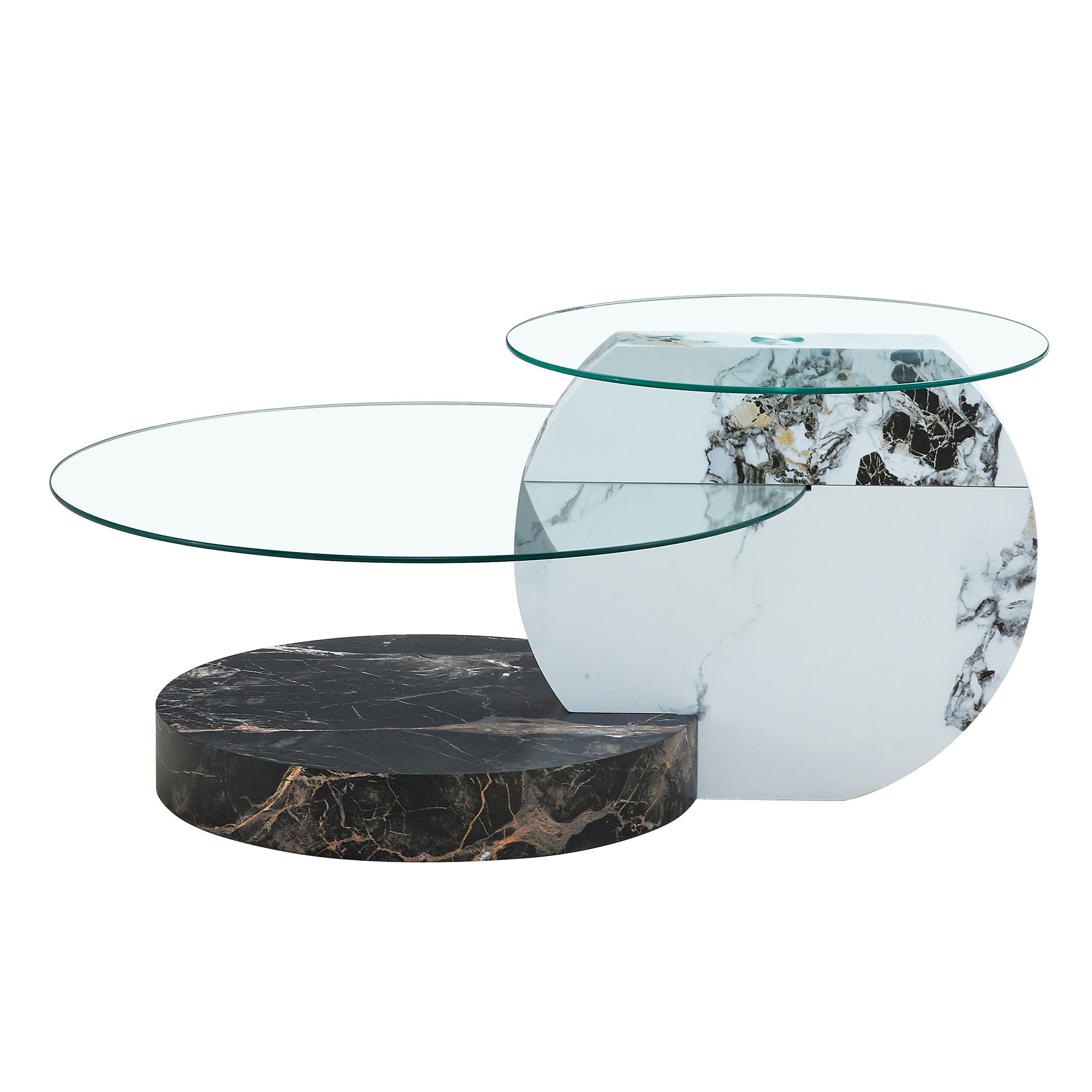 COUCHTISCH Ø 50/70 cm Transparent Weiß Schwarz MDF Glas 2 Ebenen mit Marmoroptik - Transparent, Holzwerkstoff (90/70/44cm) - OKWISH