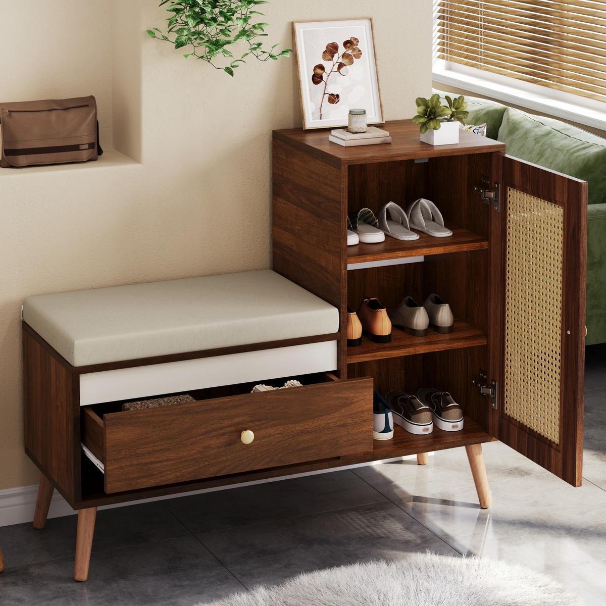 SCHUHSCHRANK in Schuhkommode mit Sitzpolster, Schubladen, offenen Fächern und Schranktür für Flur , B95.5/T35/H80.5cm - Nussbaumfarben, Holzwerkstoff/Metall (95.5/80.5/35cm) - STILVORA