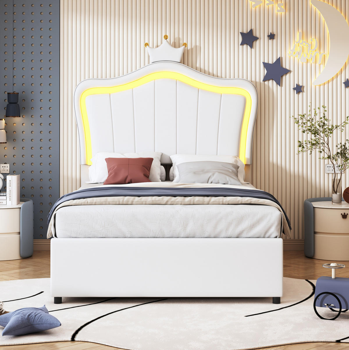 POLSTERBETT 90/200 cm mit Bettkasten und LED-Beleuchtung, Kunstleder Weiß - Weiß, Holzwerkstoff (90/200cm) - BEAOK