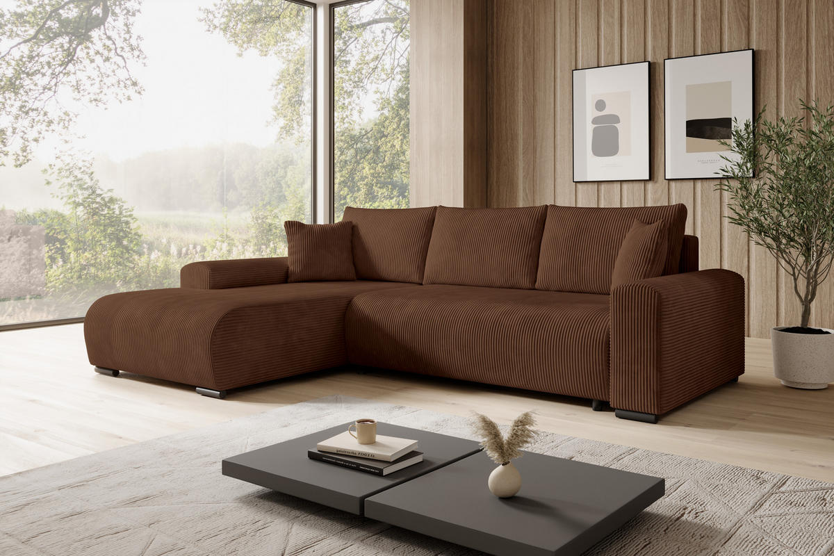 ECKSOFA Nelly mit Bettkasten und Schlaffunktion, Cordstoff in L-Form - Braun, Textil (270/185cm)