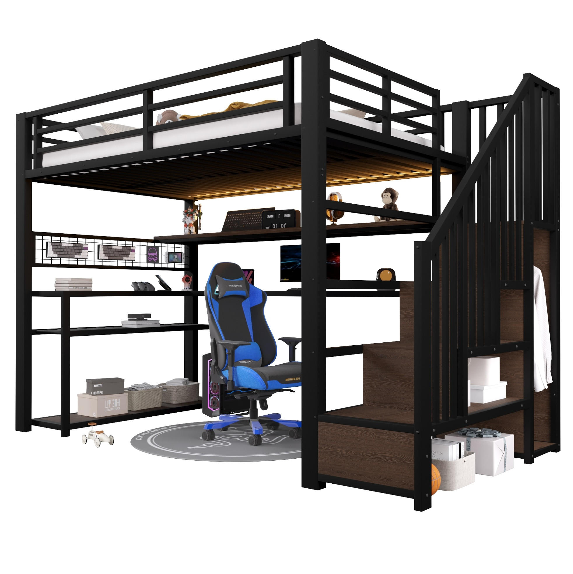 HOCHBETT 90/200 cm Schwarz mit LED, Schreibtisch und Stauraum - Schwarz, Metall (90/200cm) - MIVRAY