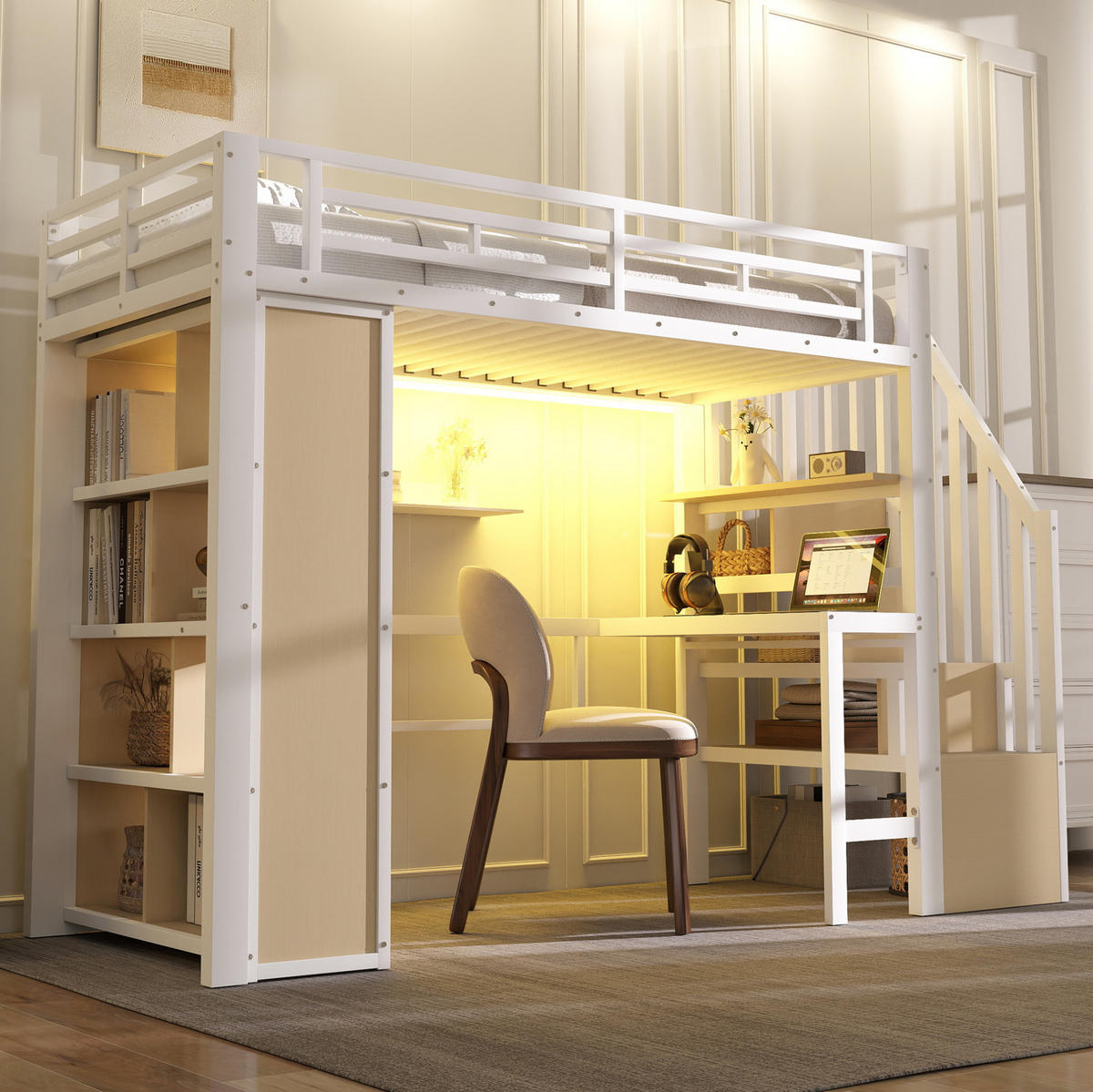 HOCHBETT 90/200 cm Weiß aus Metall und MDF mit Schreibtisch und LED-Lichtleiste - Weiß, Metall (90/200cm) - OKMYHOME