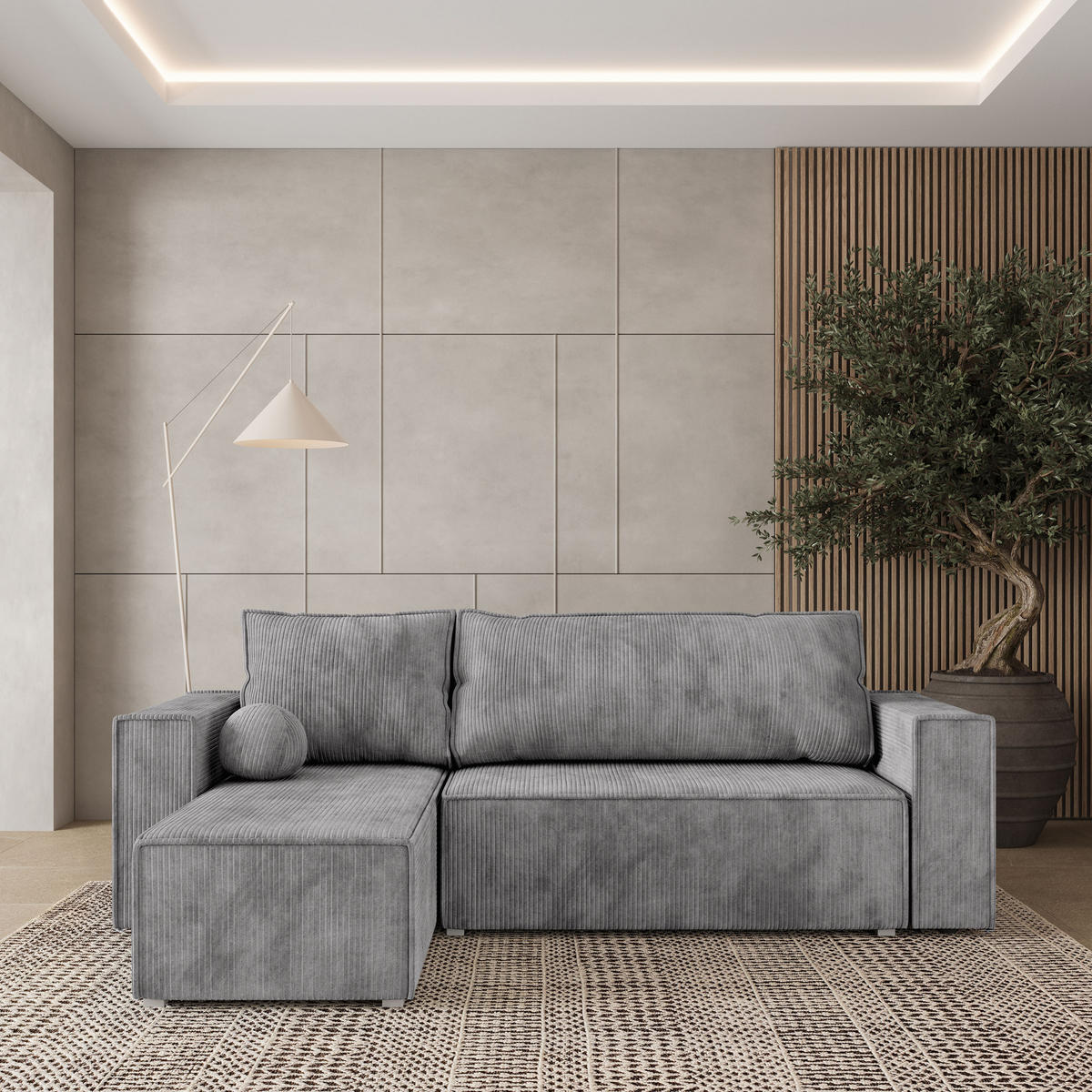 ROHOVÁ SEDAČKA RAVELO světle šedá - šedá/světle šedá, dřevo/textil (240/140cm) - MASSENO