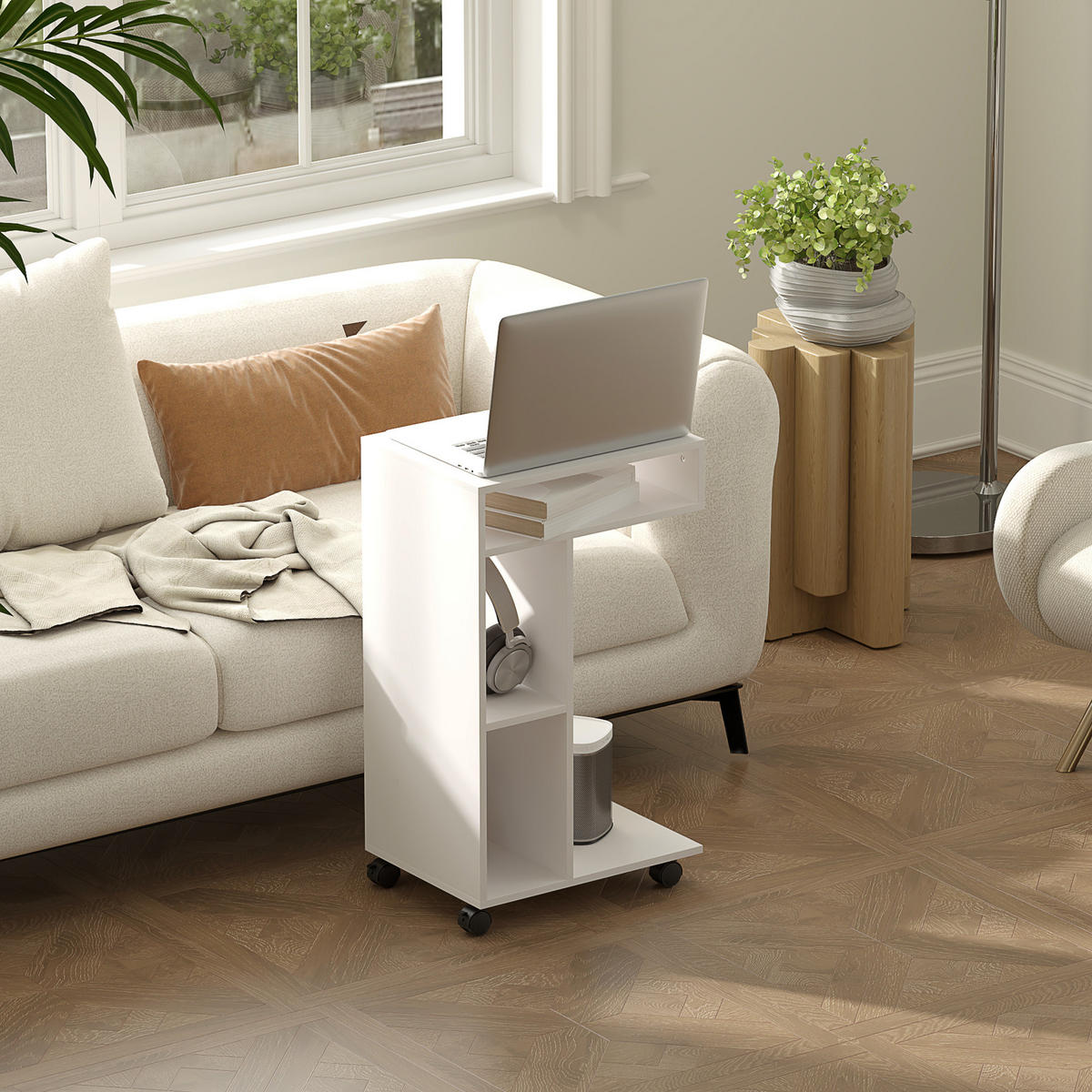 BEISTELLTISCH Couchtisch mit Rollen, Schreibtisch mit 4 Regalen, Sofatisch Weiß - Weiß, Holzwerkstoff (40/30/69cm) - HOMCOM