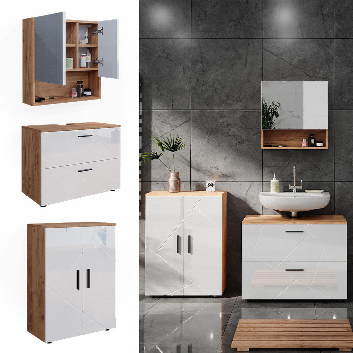 BADMÖBEL-SET Irma Weiß Hochglanz/Goldkraft Eiche 3 Teile mit Unterschrank 80 cm - Honigeiche/Weiß Hochglanz, Holzwerkstoff (80/58/41cm) - Vicco